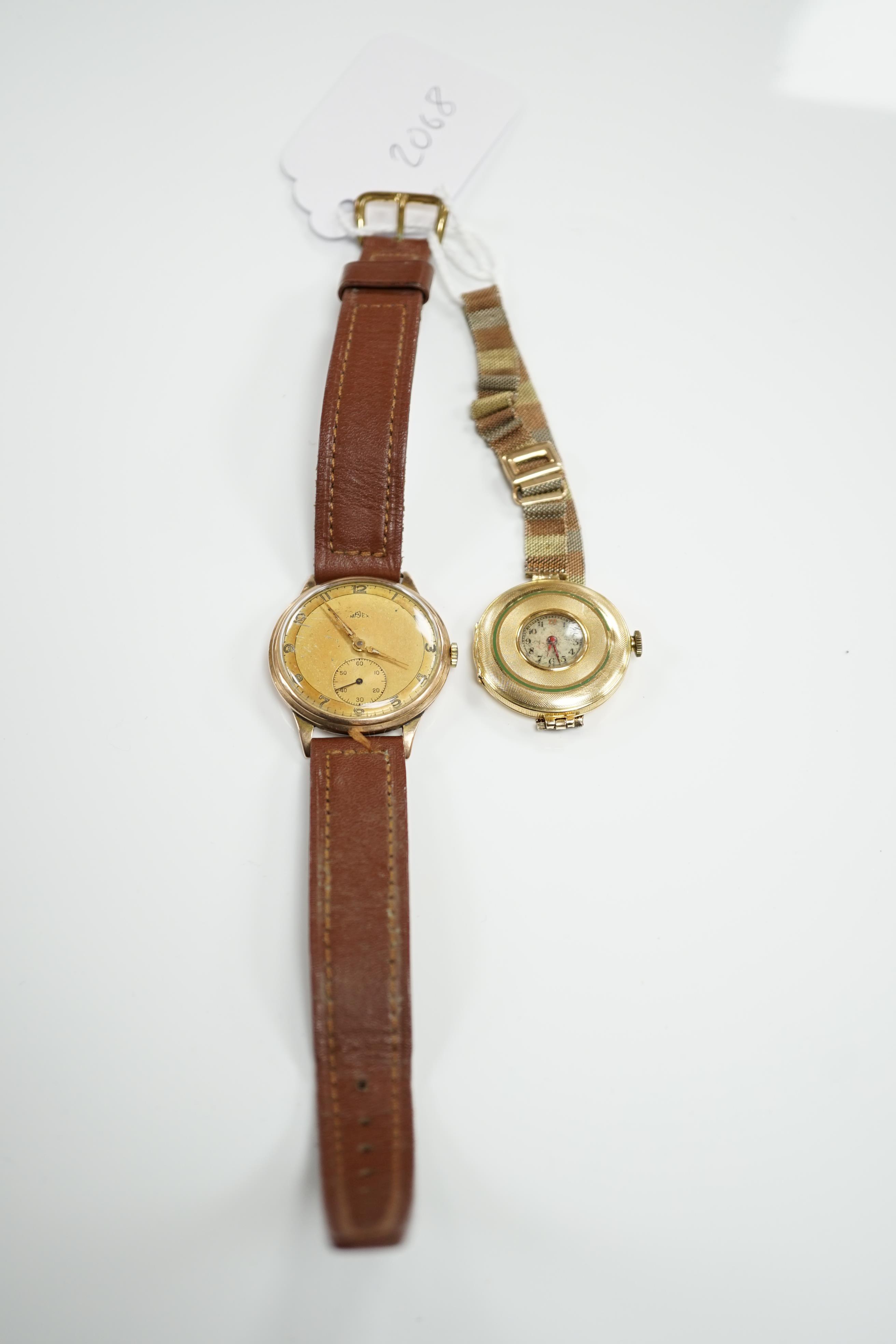 An early 20th century 18ct gold manual wind wrist watch, by Wilsdorf & Davies, on a later three colour 9ct mesh link bracelet and a gentleman's yellow metal Majex manual wind wrist watch, on a leather strap.